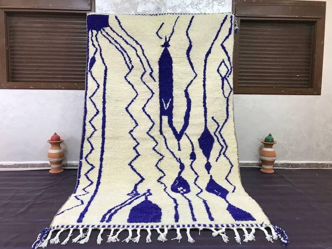 Ręcznie tkany dywan 250x150 cm, wełna, kremowy, niebieski, Maroko - 200755