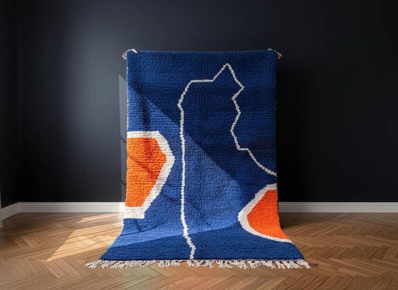 Ręcznie tkany dywan 200x300 cm, wełna, niebieski, pomarańczowy, biały, Maroko - 201597