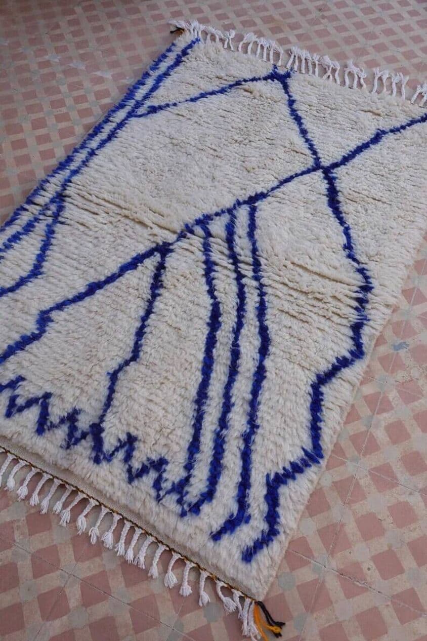 Ręcznie tkany dywan 100x200 cm, wełna, kremowy, niebieski, Maroko - 201555