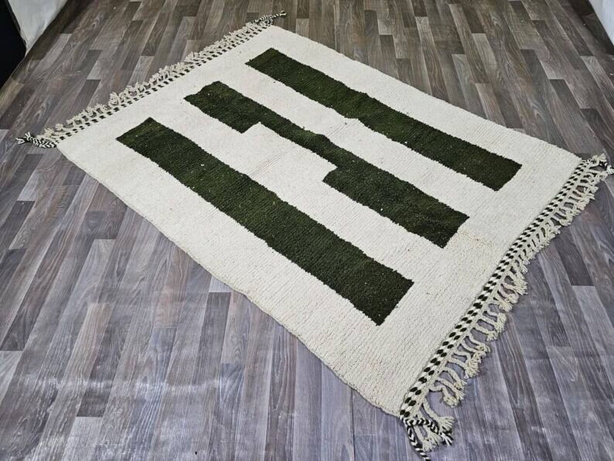 Handwoven rug 200x300 cm, wool, white, black, green, Morocco - 201292