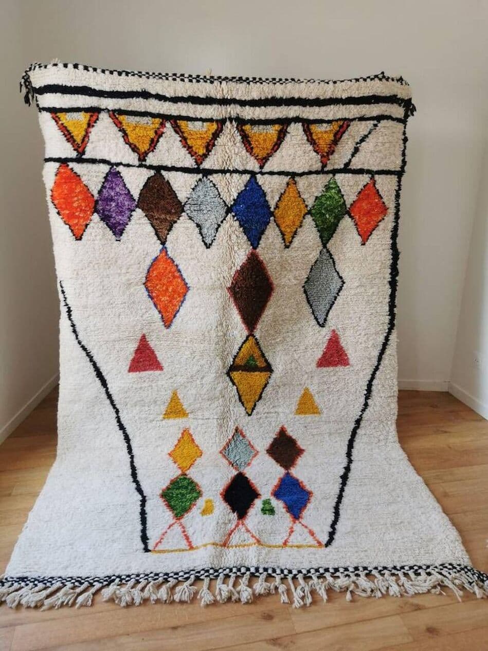 Ręcznie tkany dywan 250x150 cm, wełna, ecru, wielokolorowy, Maroko - 202477