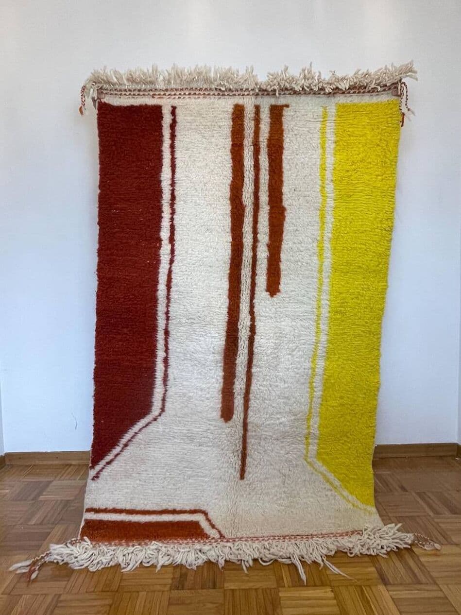 Ręcznie tkany dywan 250x150 cm, wełna, kremowy, żółty, czerwony, Maroko - 202049