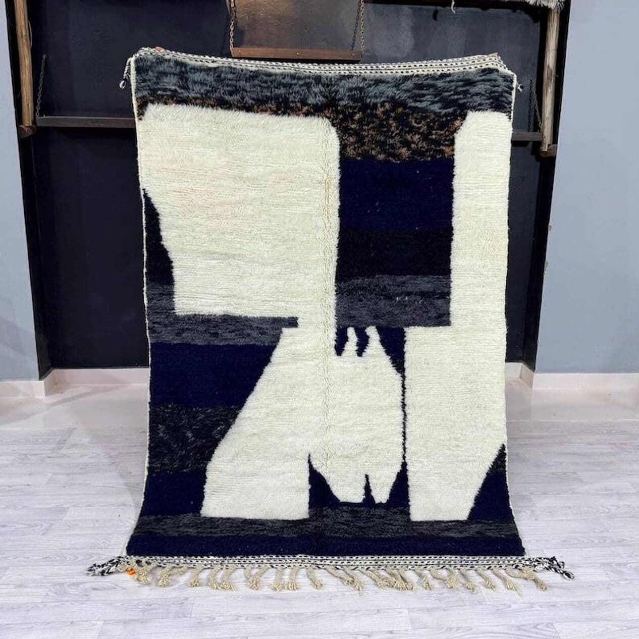 Ręcznie tkany dywan 250x150 cm, wełna, kremowy, granatowy, czarny, Maroko - 202019