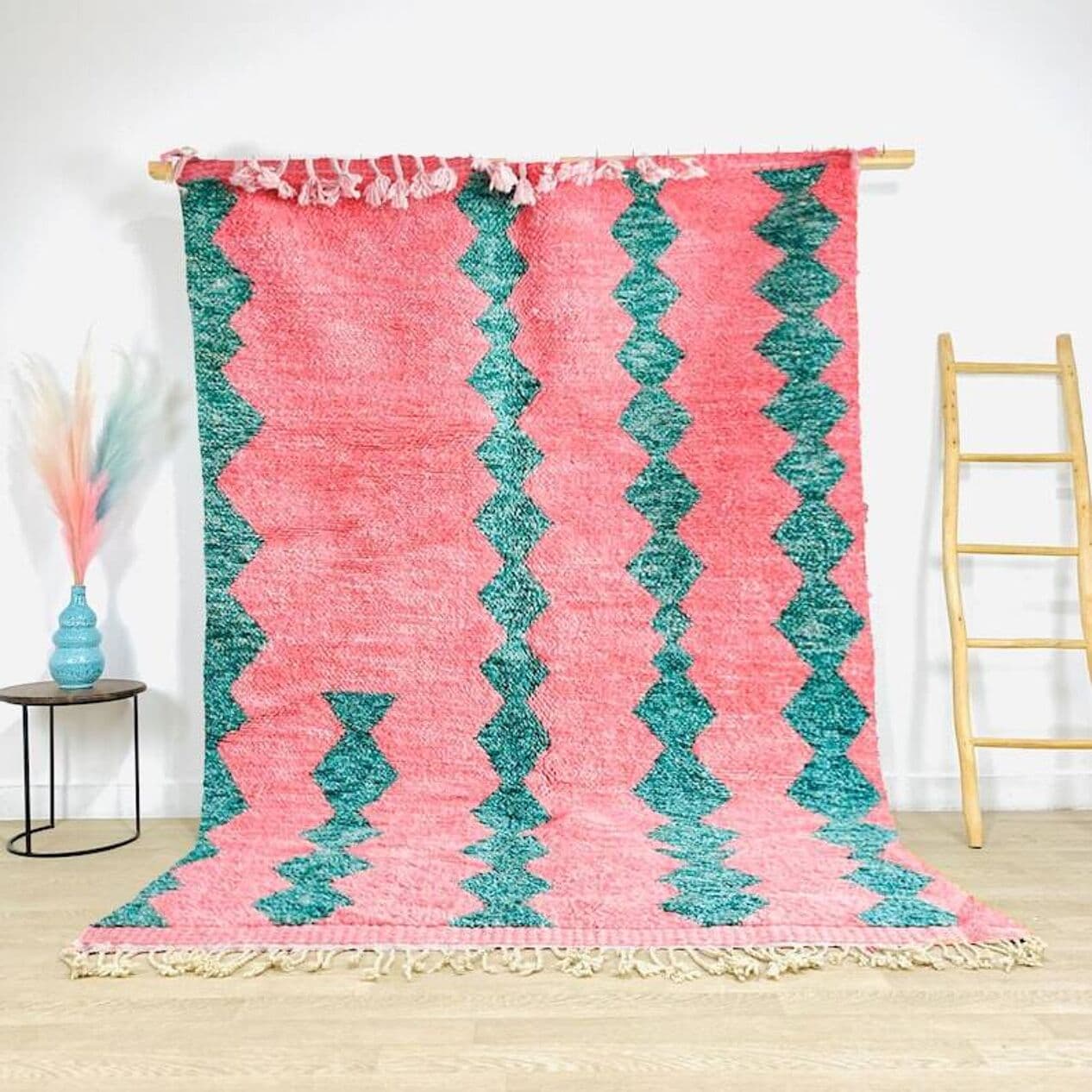 Ręcznie tkany dywan 200x300 cm, wełna, różowy, zielony, biały, żółty, Maroko - 203126