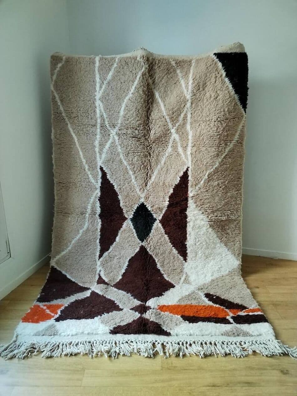 Ręcznie tkany dywan 250x150 cm, wełna, beżowy, brązowy, czarny, biały, pomarańczowy, Maroko - 203107