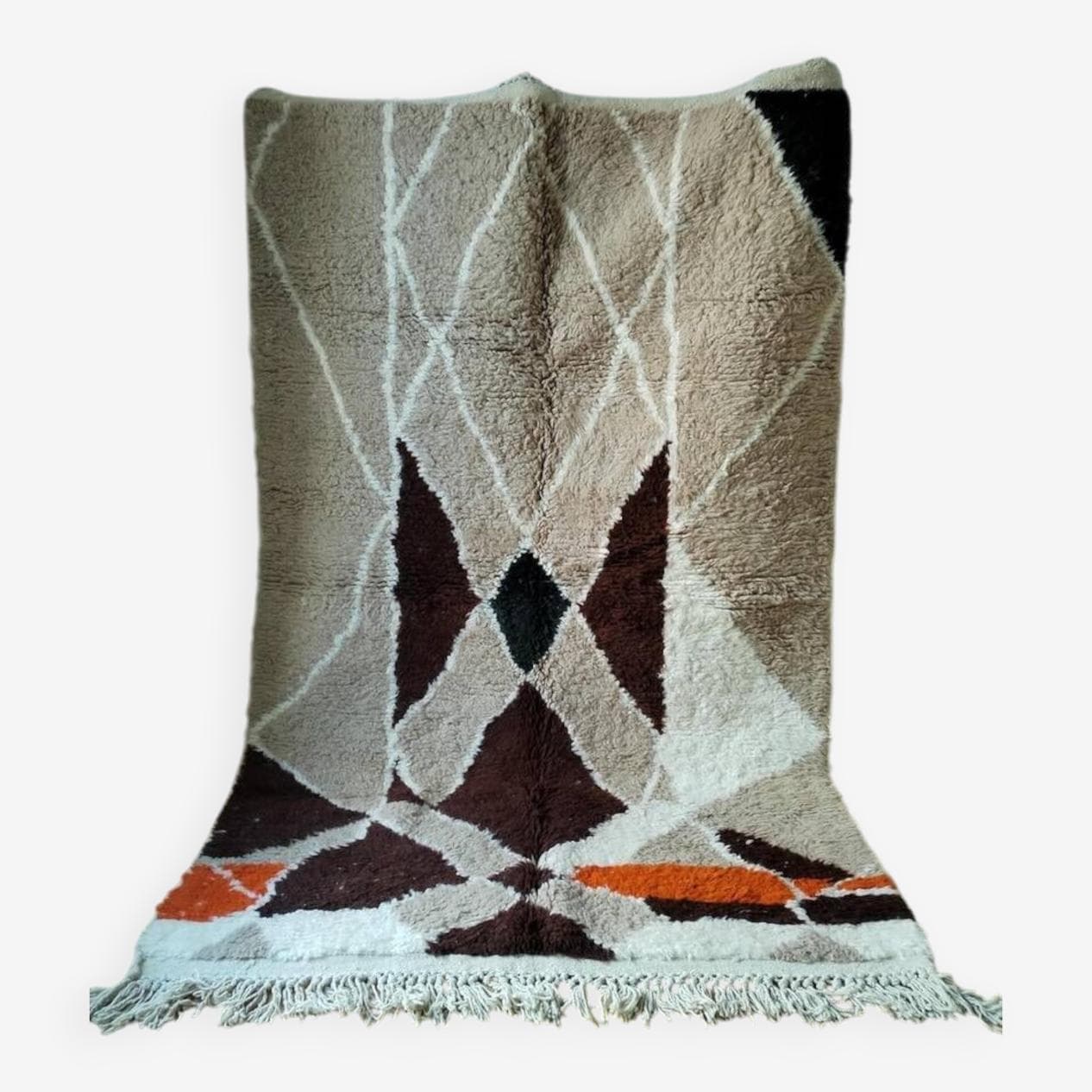 Ręcznie tkany dywan 250x150 cm, wełna, beżowy, brązowy, czarny, biały, pomarańczowy, Maroko - 203106