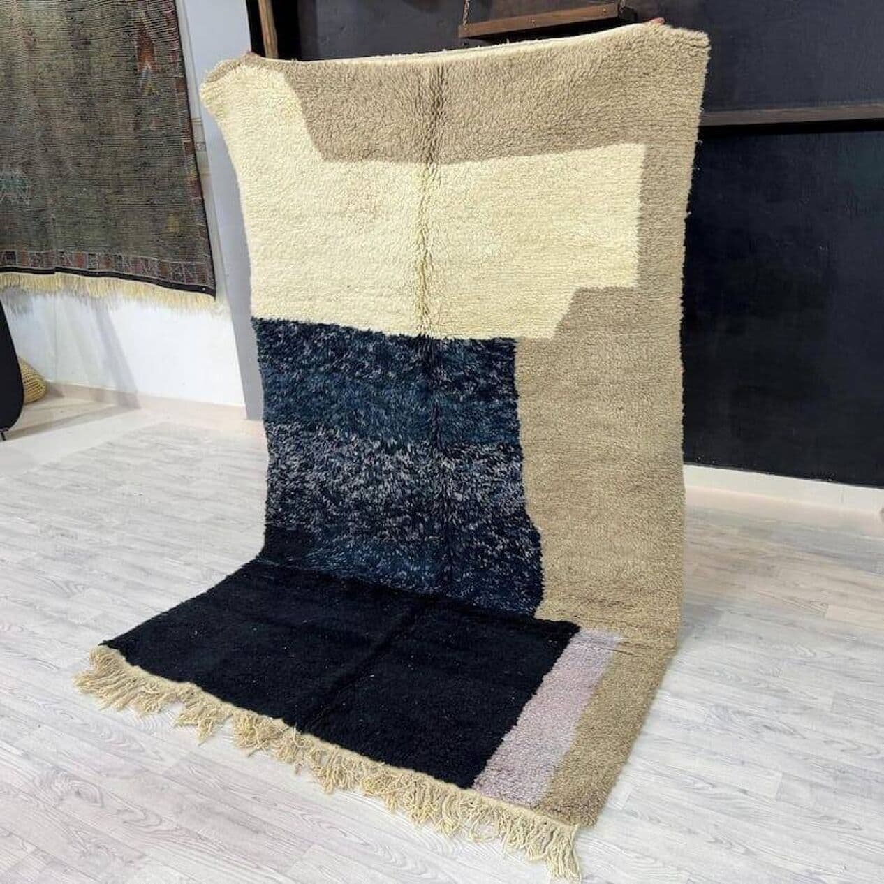 Ręcznie tkany dywan 200x300 cm, wełna, beżowy, czarny, granatowy, szary, Maroko - 206908