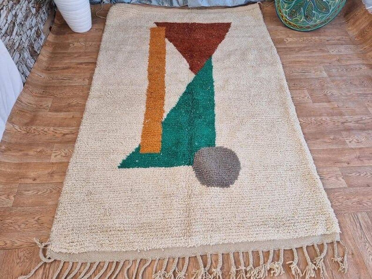Handwoven rug 200x300 cm, wool, beige, green, brown, grey, orange, Morocco - 207275