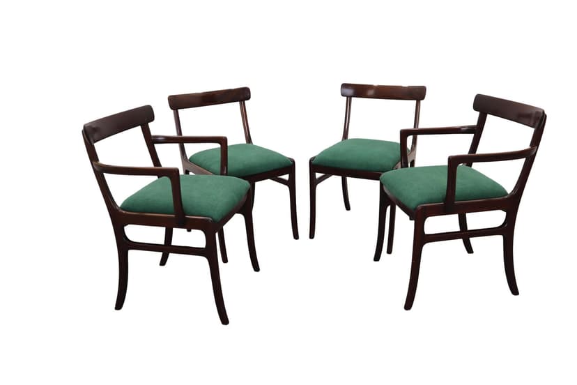 Komplet czterech krzeseł Rungstedlund, mahoń ciemny, tkanina butelkowa zieleń, proj. O. Wanscher, Poul Jeppesens Møbelfabrik, Dania, lata 60.
