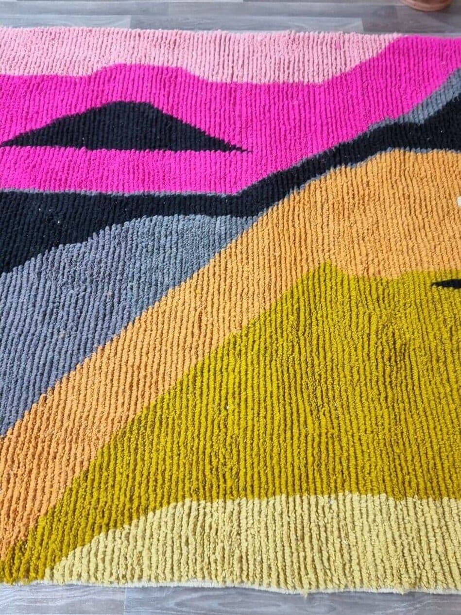 Ręcznie tkany dywan 150x250 cm, wełna, różowy, żółty, czarny, szary, kość słoniowa, Maroko - 208832