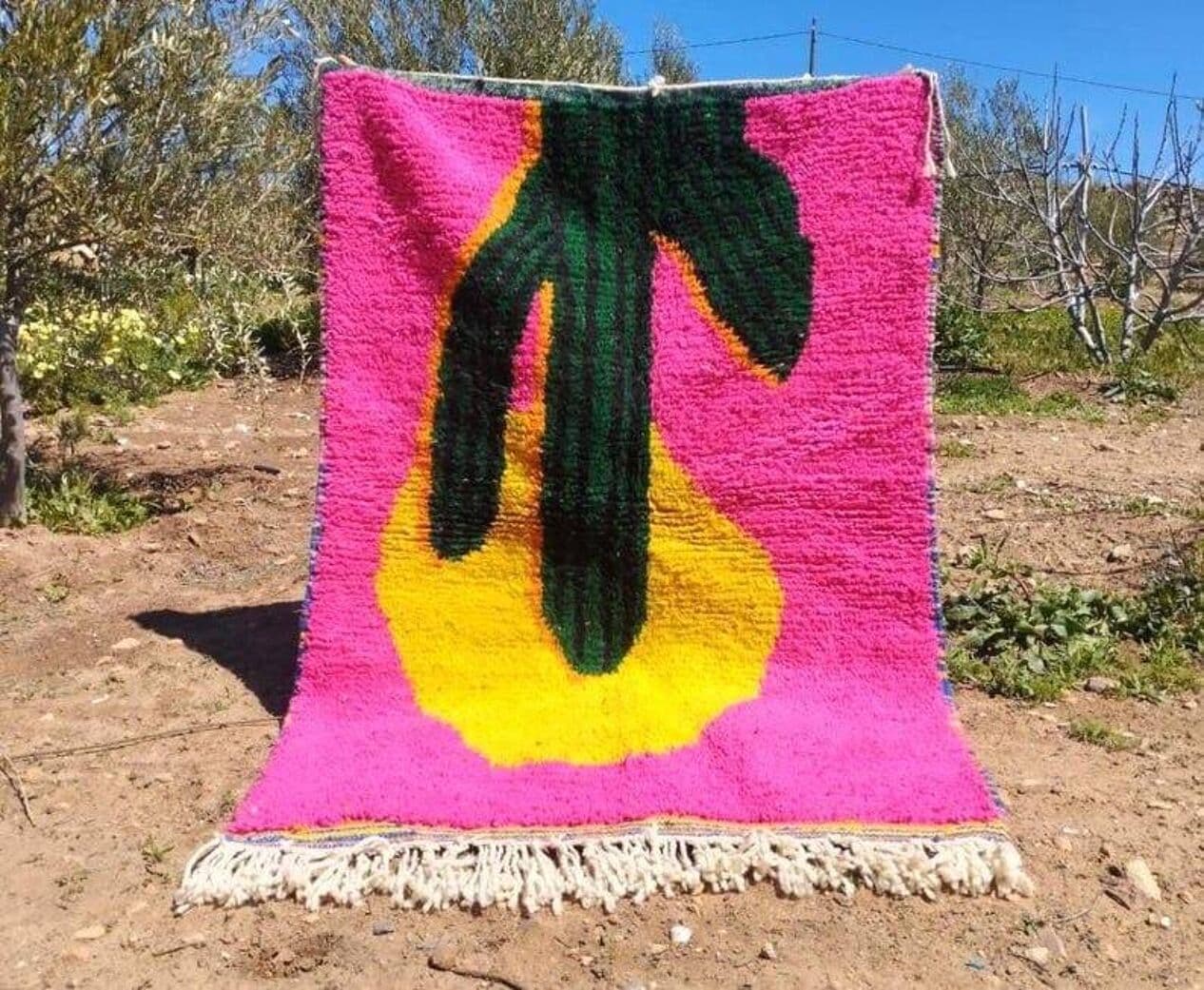 Ręcznie tkany dywan 100x200 cm, wełna, różowy, żółty, zielony, kremowy, Maroko - 208814