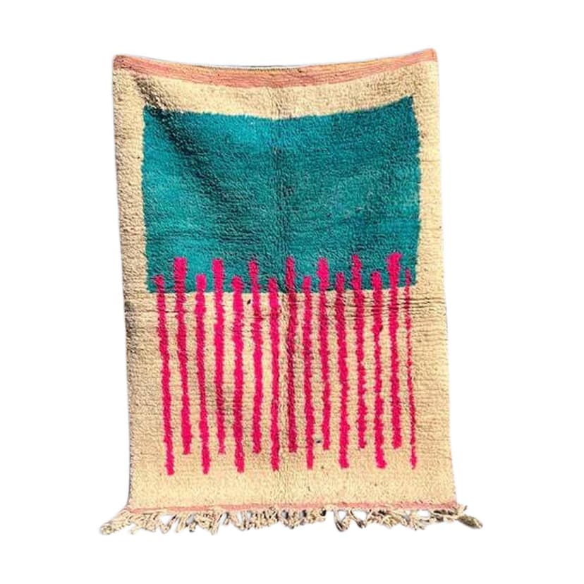 Ręcznie tkany dywan 150x250 cm, wełna, beżowy, zielony, różowy, Maroko