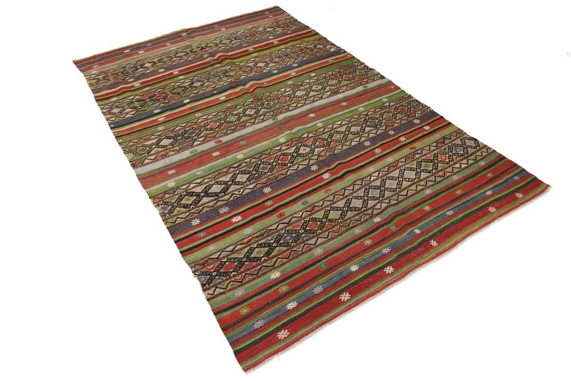 Kilim 167x253 cm, zielony, brązowy, wełna, lata 70.