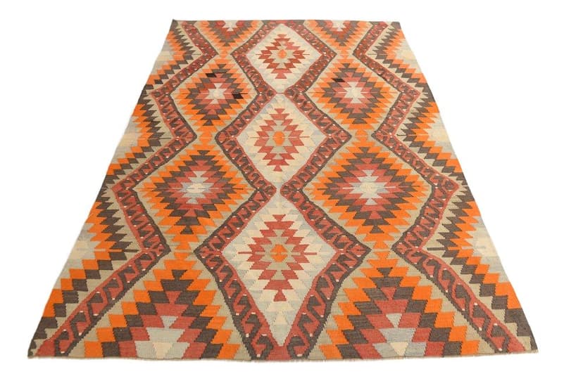 Kilim 178x267 cm, pomarańczowy, brązowy, wełna, lata 70.