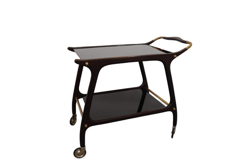 Wózek barowy, drewno brązowy, szkło czarny, Niemcy, lata 60.