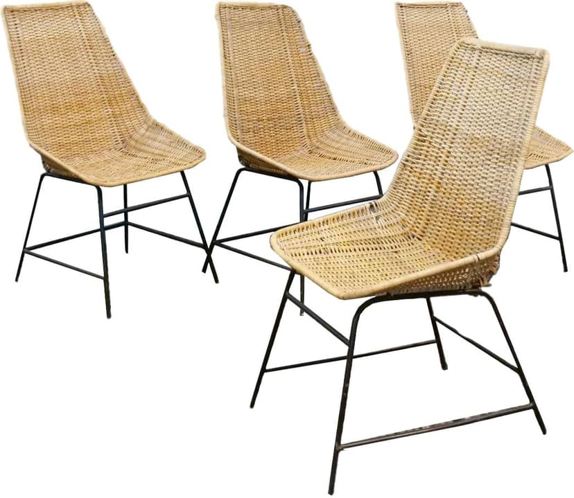 Zestaw czterech krzeseł Basket, rattan brązowy, metal czarny, proj. G. F. Legler, Włochy, lata 50.