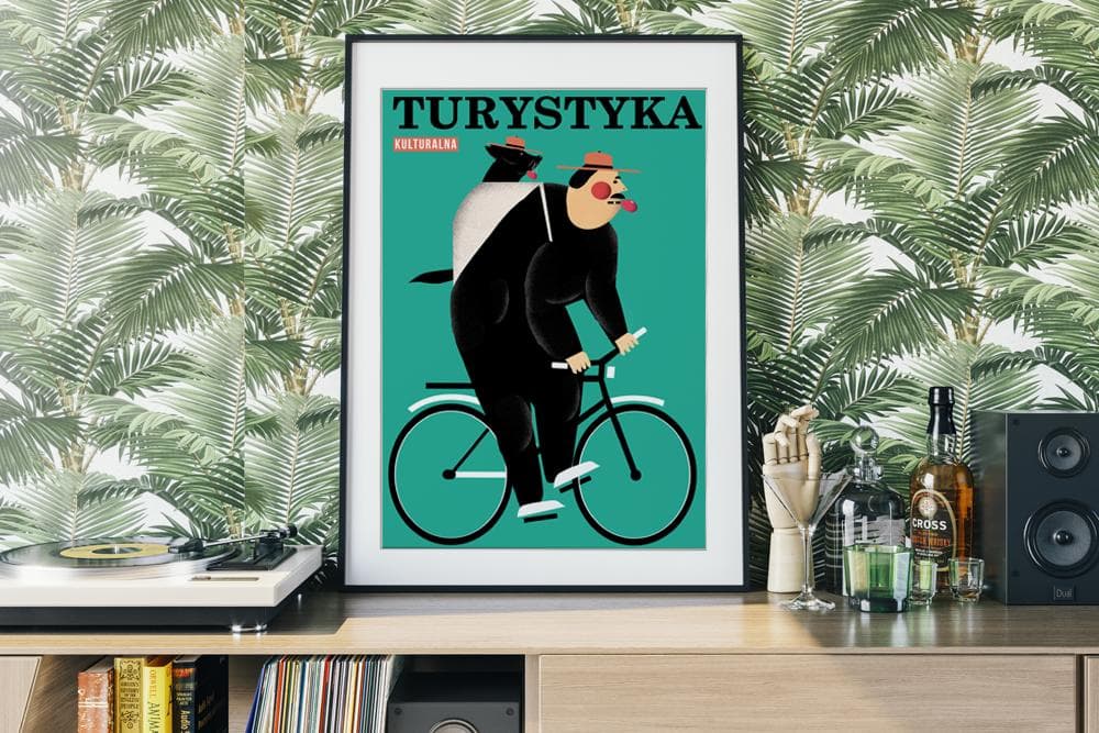 Plakat Turystyka kulturalna, człowiek na rowerze z pieskiem w plecaku, 30x40 cm, aut. J. Zasada, Jakub Zasada - 68164