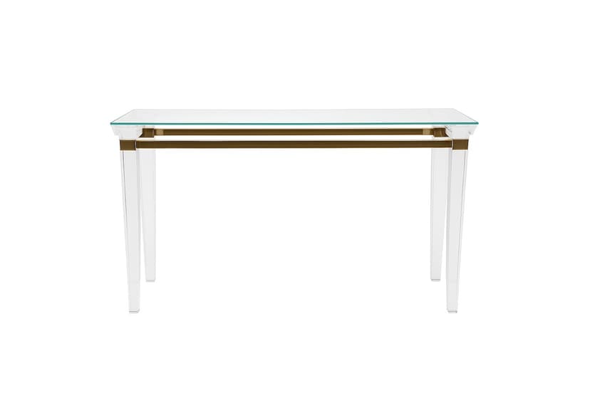 Konsola Hollywood Regency, plexi transparent, mosiądz, szkło, Włochy, lata 80.