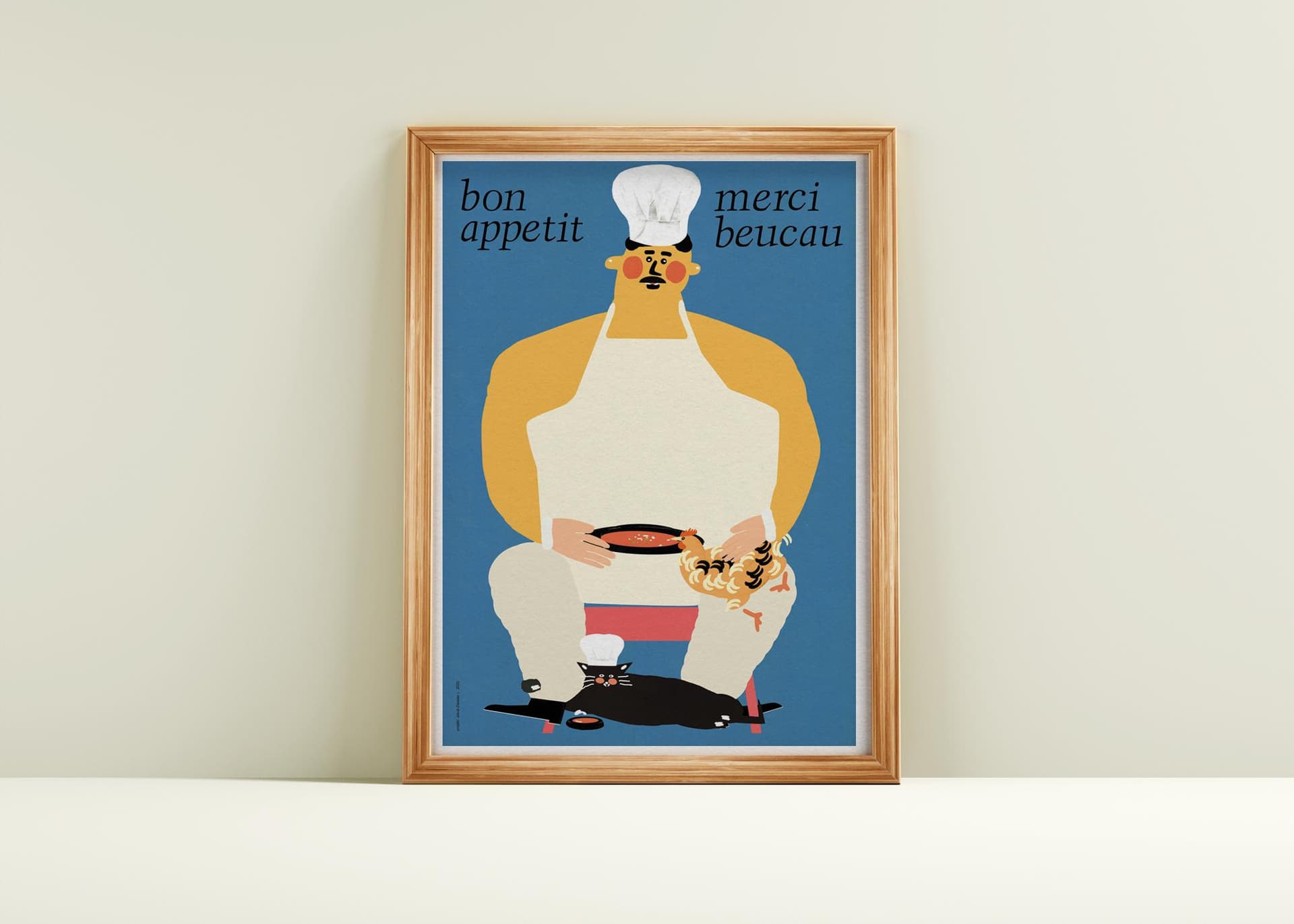 Plakat Bon appetit, merci beucau, kucharz z kotem i kurą pijącą zupę pomidorową, 50x70 cm, aut. J. Zasada, Jakub Zasada - 72239