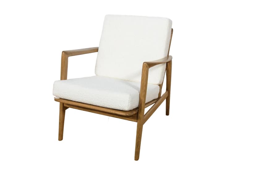 Fotel 300-139, bouclé biały, buk brązowy, Swarzędzka Fabryka Mebli, Polska, lata 60.