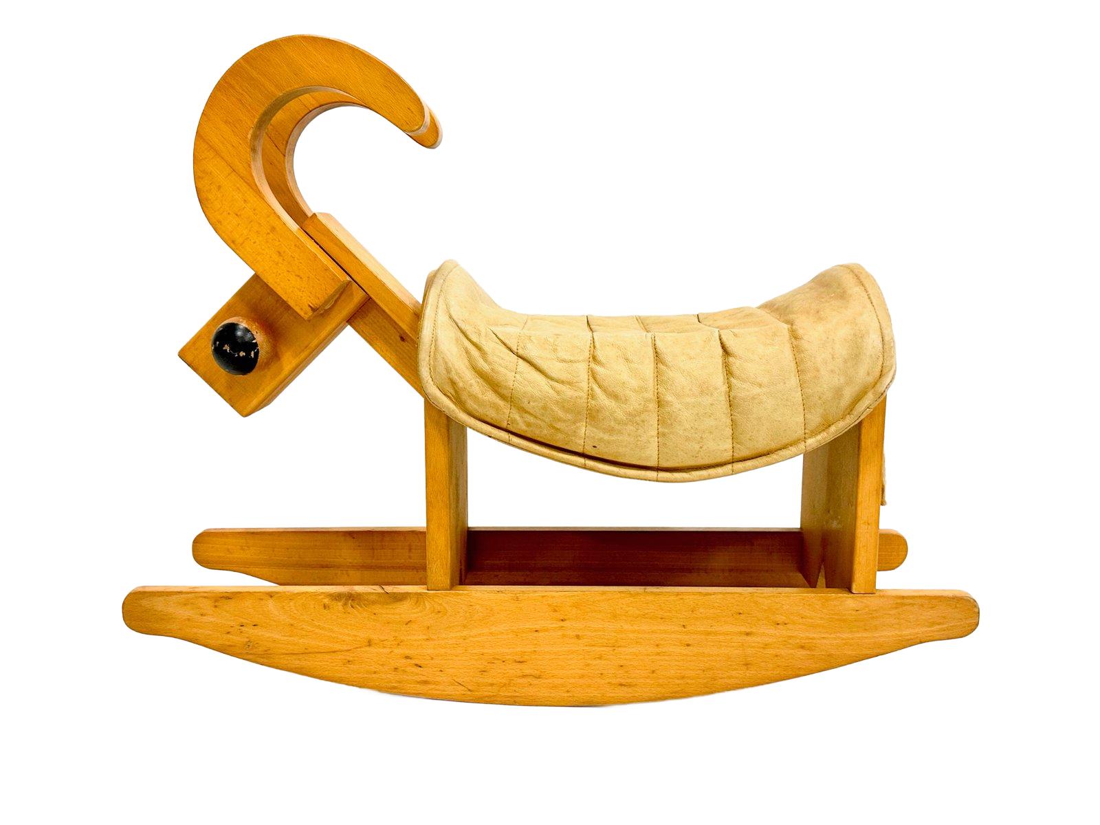 Rocking billy goat, beige leather, wood, Germany, 1960s. - Kids’ Seating