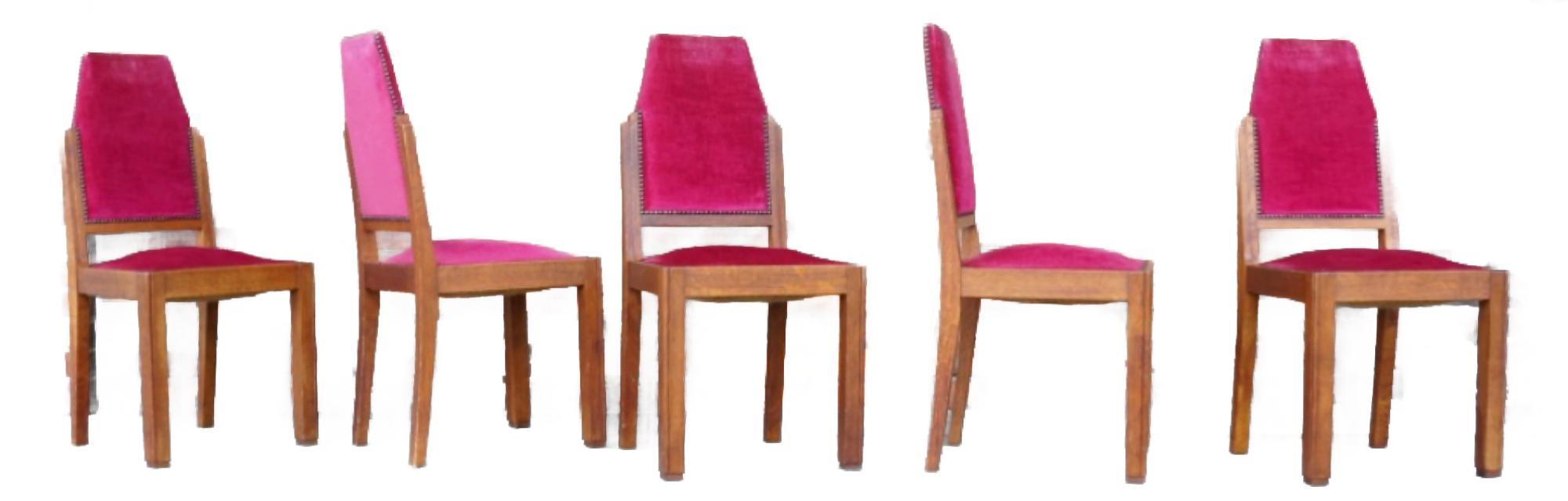 Raspberry Rounded Chairs Set of chairs Art Deco, brown oak, raspberry velvet, France, 1940s ...