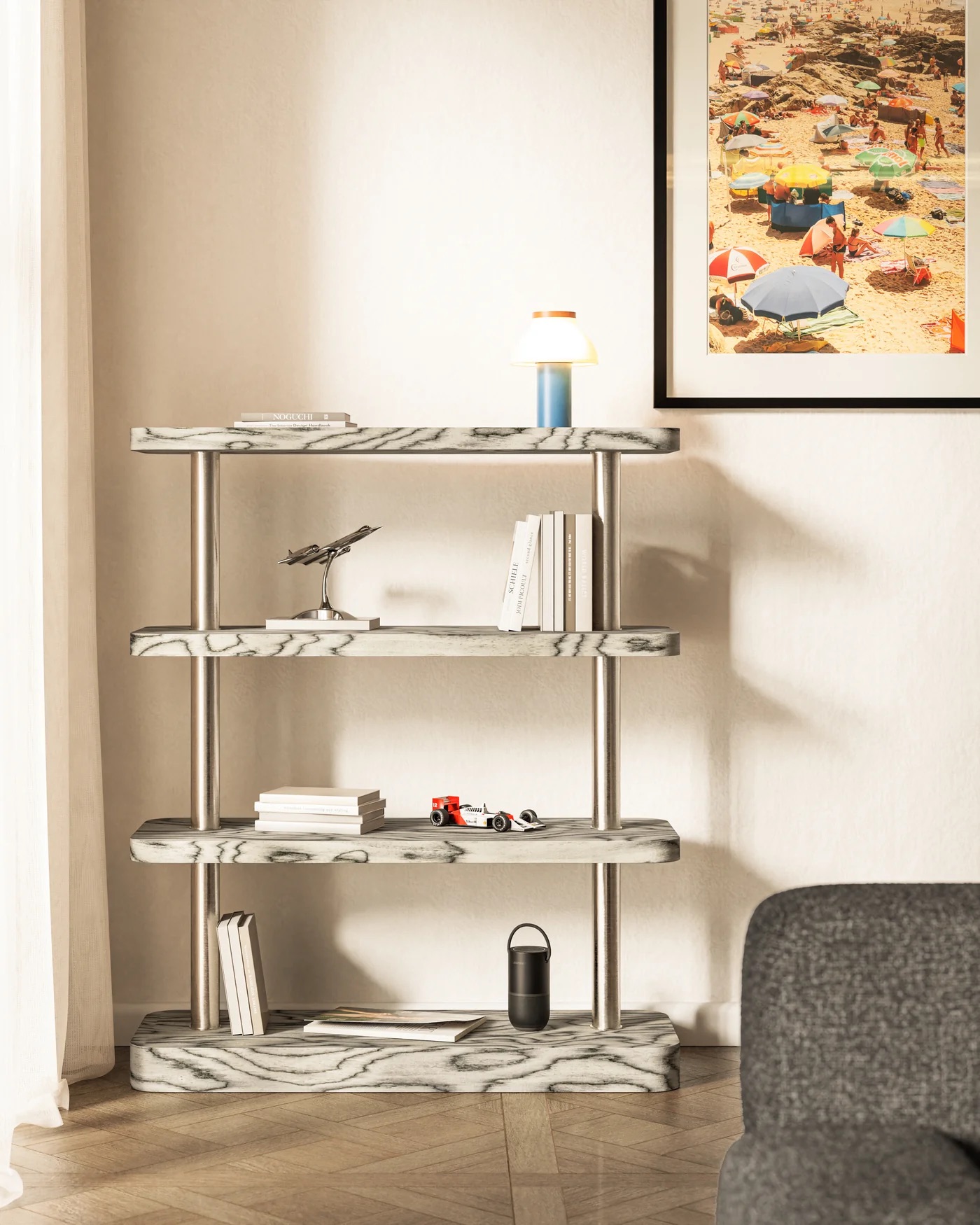 Light Grey Postmodern Shelving Unit, by E. Sottsass, 1980s
