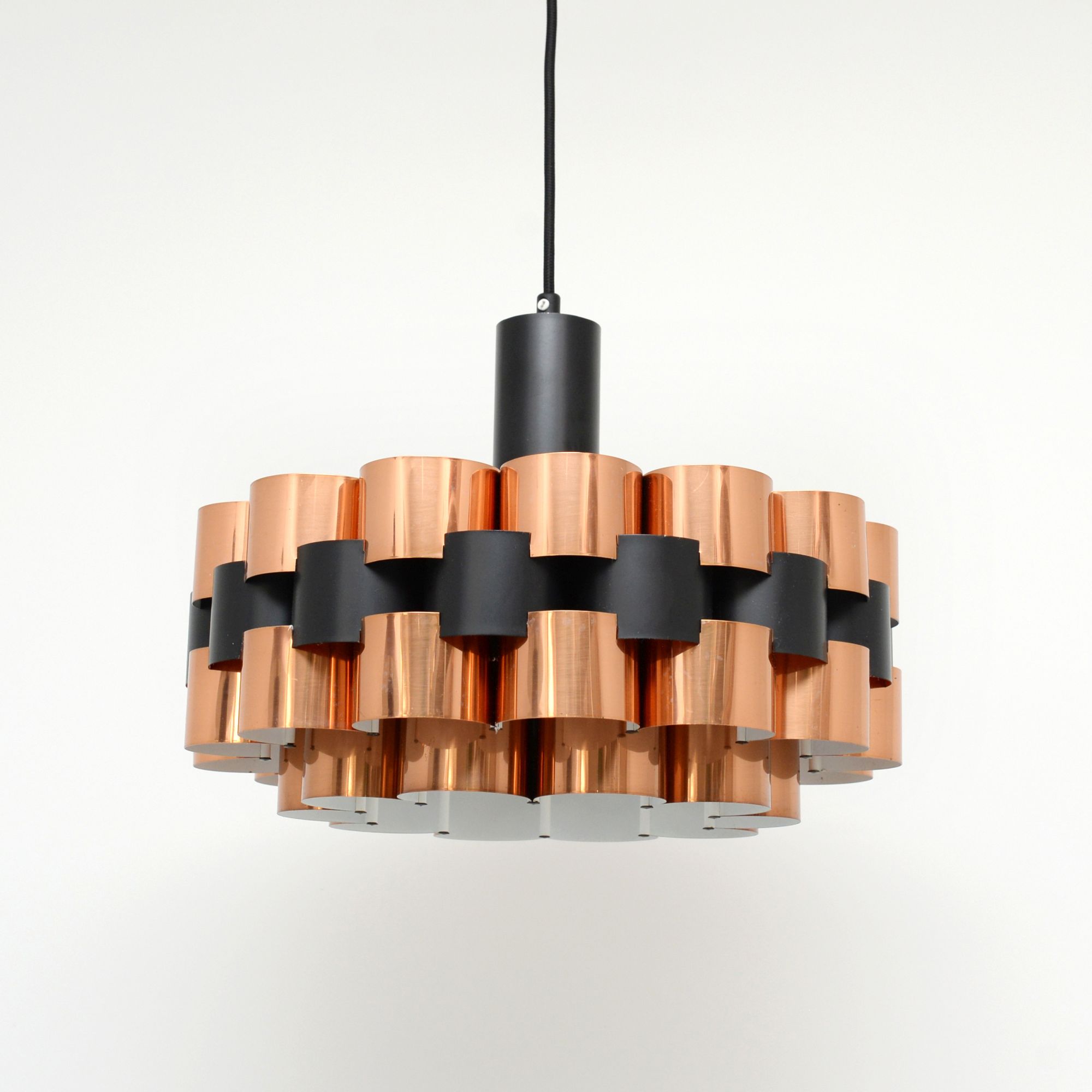 Pendant lamp, polished copper, black steel, by W. Schou, Coronell