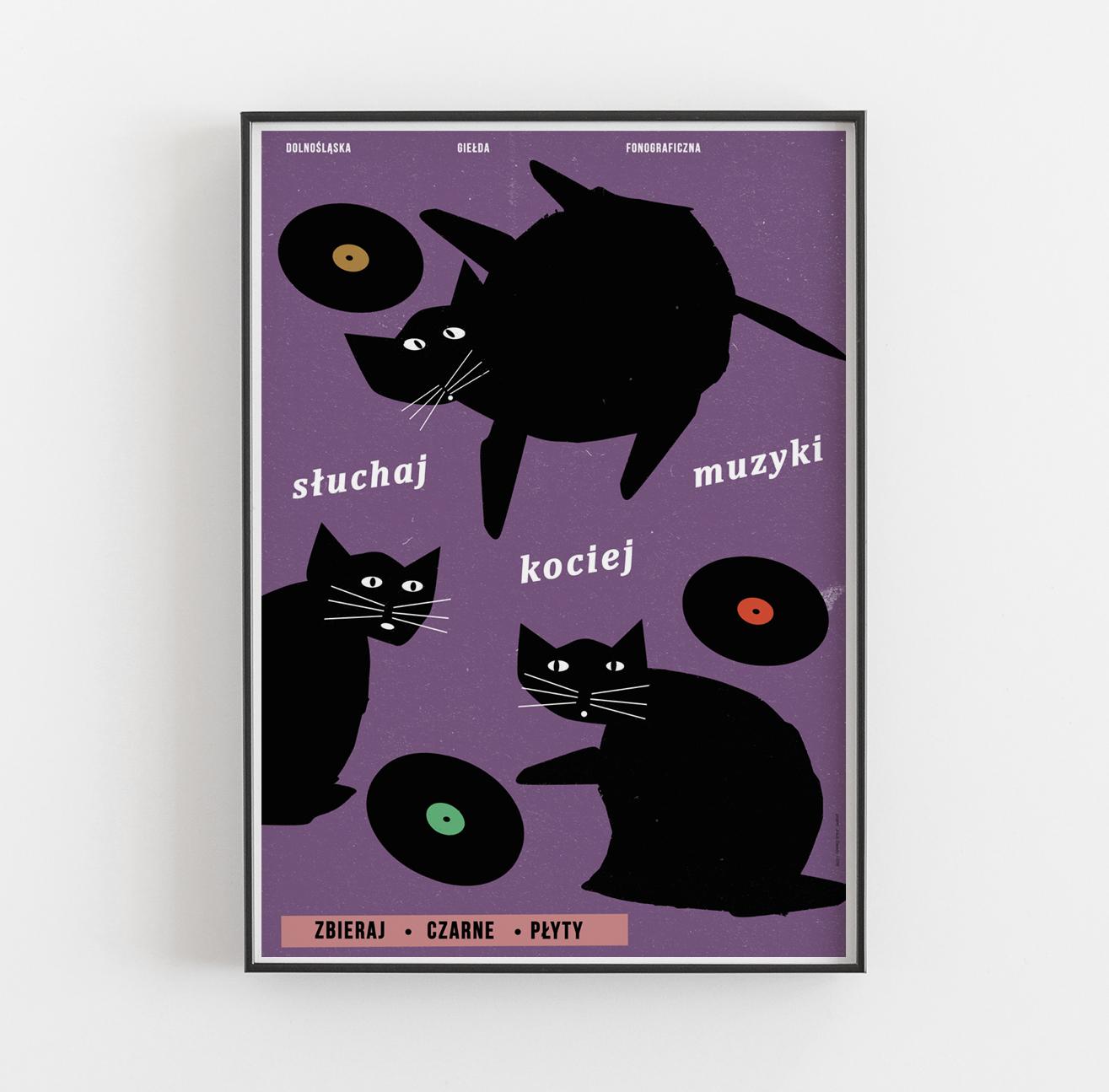 Poster Listen to Cat Music, Black Cats with Vinyl Records, 30x40